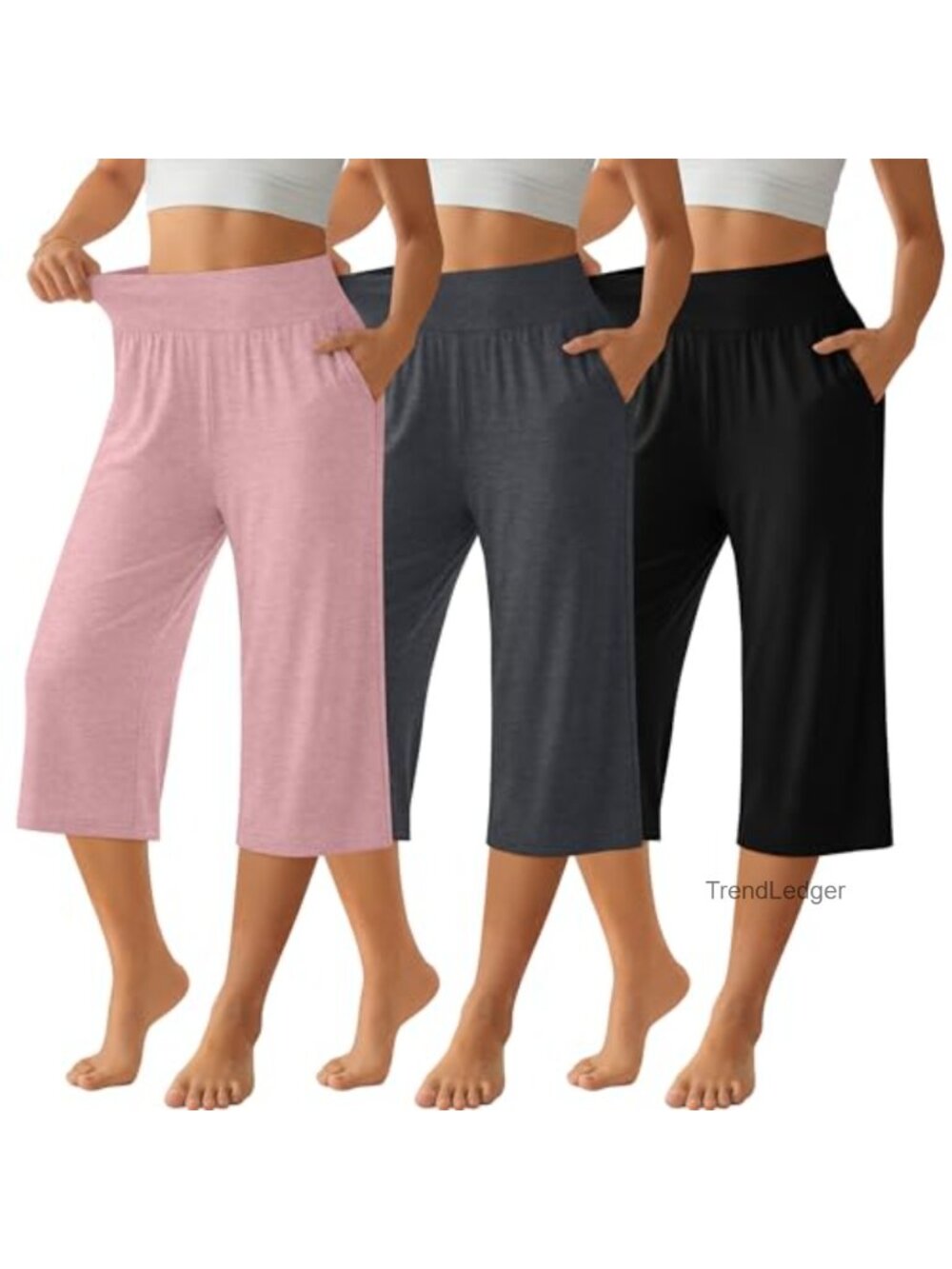 3 Pack Women's High Waist Capri Pants with Pockets Wide Leg Lounge Yoga